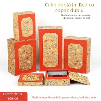Cutie pentru bijuterii din material textil cu capac dublu, stil brocart, ambalare interioară, brand Double Crown Packaging