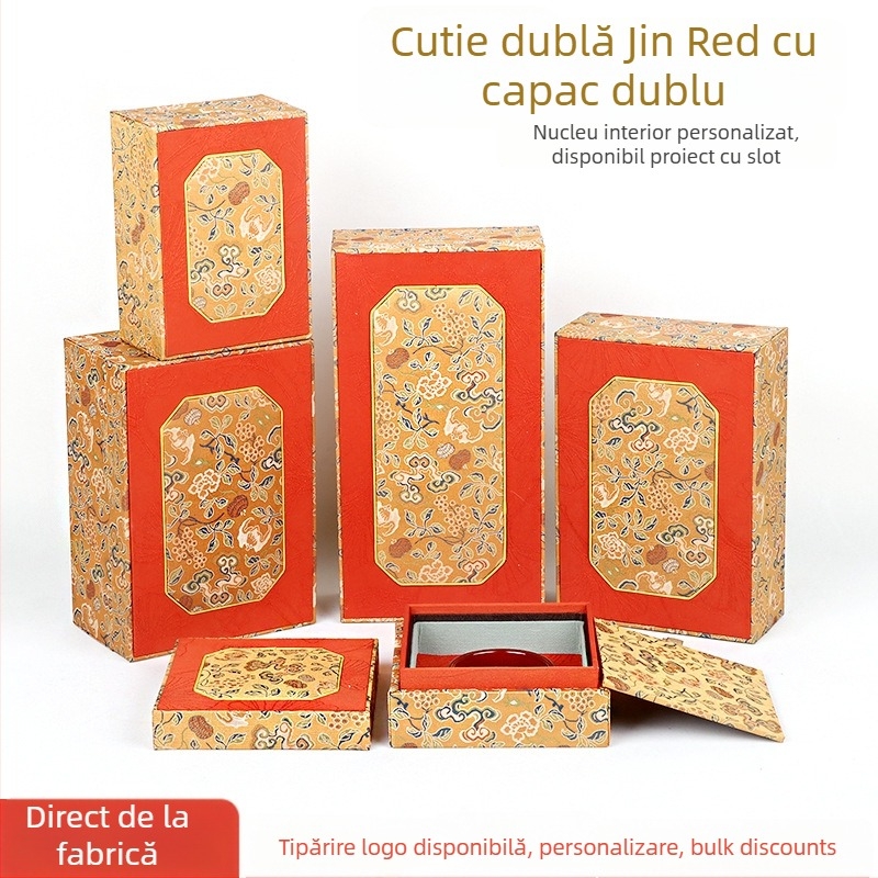Cutie pentru bijuterii din material textil cu capac dublu, stil brocart, ambalare interioară, brand Double Crown Packaging
