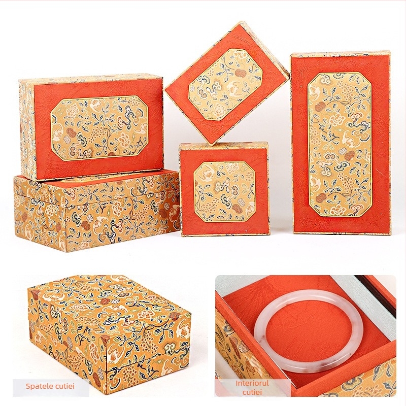 Cutie pentru bijuterii din material textil cu capac dublu, stil brocart, ambalare interioară, brand Double Crown Packaging