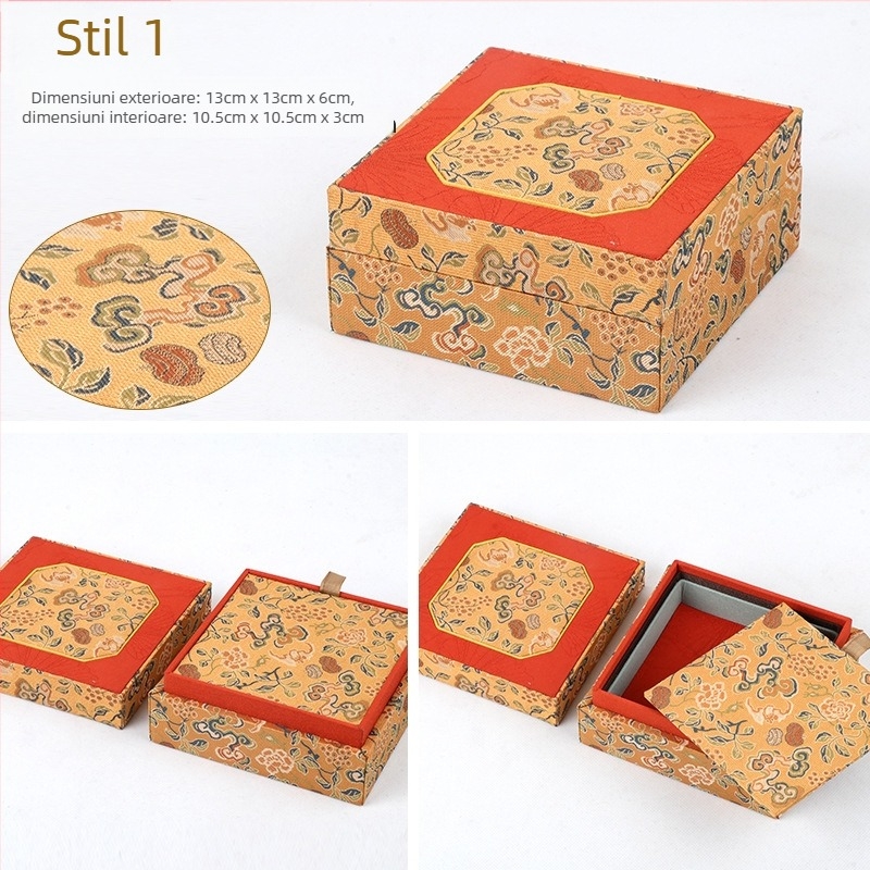 Cutie pentru bijuterii din material textil cu capac dublu, stil brocart, ambalare interioară, brand Double Crown Packaging