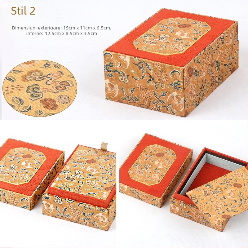 Cutie pentru bijuterii din material textil cu capac dublu, stil brocart, ambalare interioară, brand Double Crown Packaging