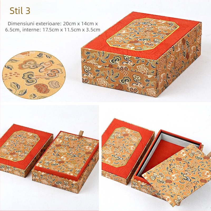 Cutie pentru bijuterii din material textil cu capac dublu, stil brocart, ambalare interioară, brand Double Crown Packaging