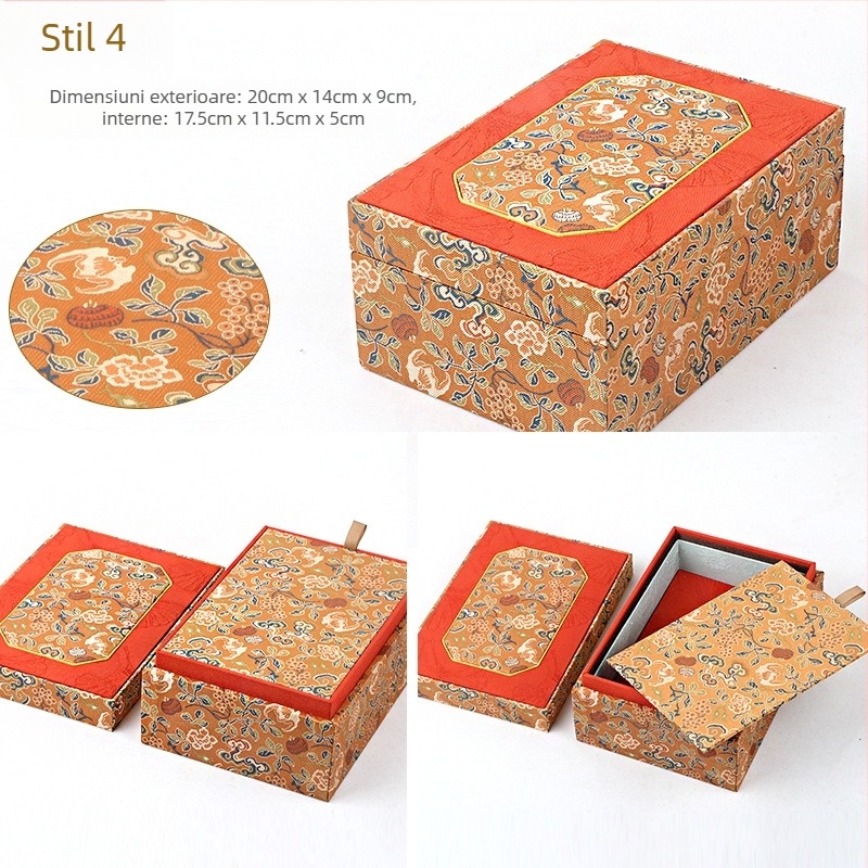 Cutie pentru bijuterii din material textil cu capac dublu, stil brocart, ambalare interioară, brand Double Crown Packaging