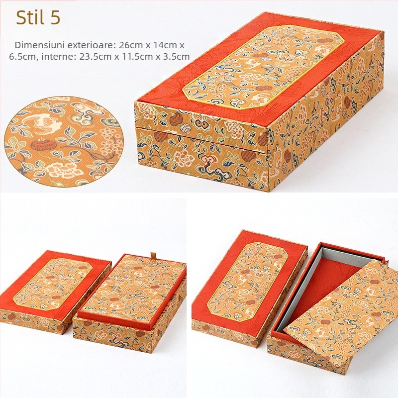 Cutie pentru bijuterii din material textil cu capac dublu, stil brocart, ambalare interioară, brand Double Crown Packaging