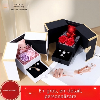 Cutie de bijuterii pentru inele, cu deschidere dublă, design urs-trandafiri (Material: plastic + hârtie; Brand: Double Bear; Ambalare: cutie; Scop: ambalare inele; Ambalaj special: ambalaj pentru bijuterii)