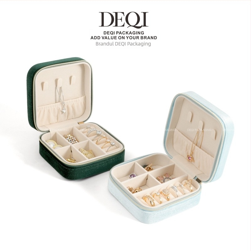 Cutie pentru bijuterii | Material velur | Stil coreean | Brand Deqi | Greutate 0,12 kg | Personalizare disponibilă