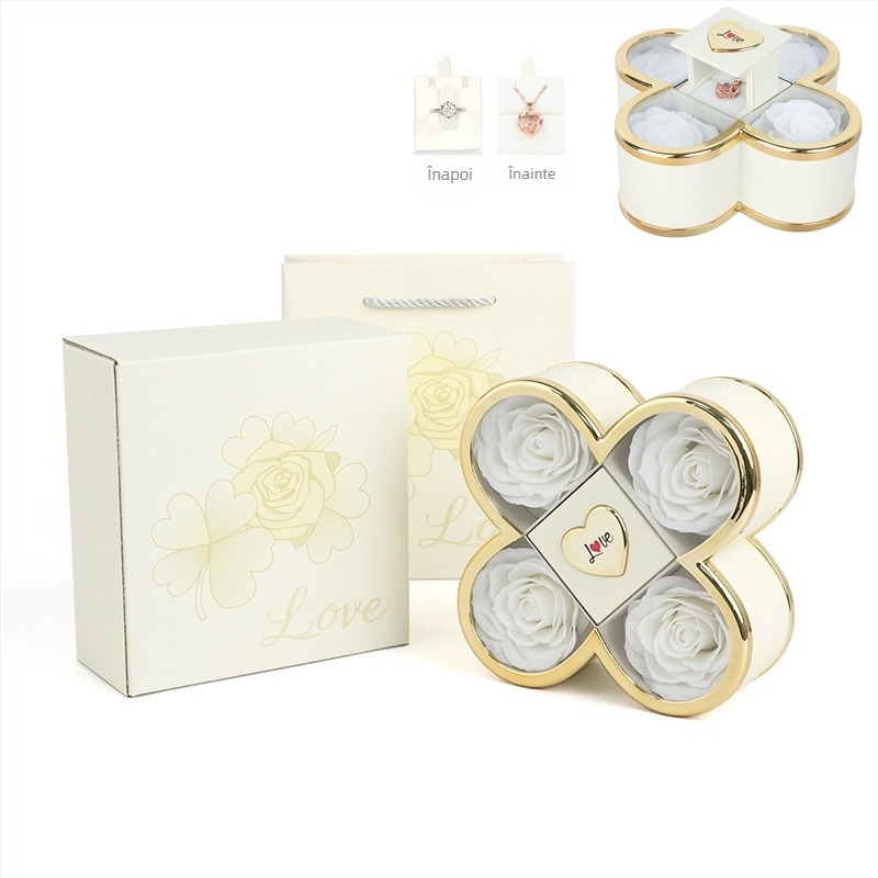 Cutie cadou pentru colier cu mecanism ascuns de ridicare în formă de trifoi cu patru foi și trandafir, din plastic, ambalaj din carton, include cutie cadou cu flori și sacoșă