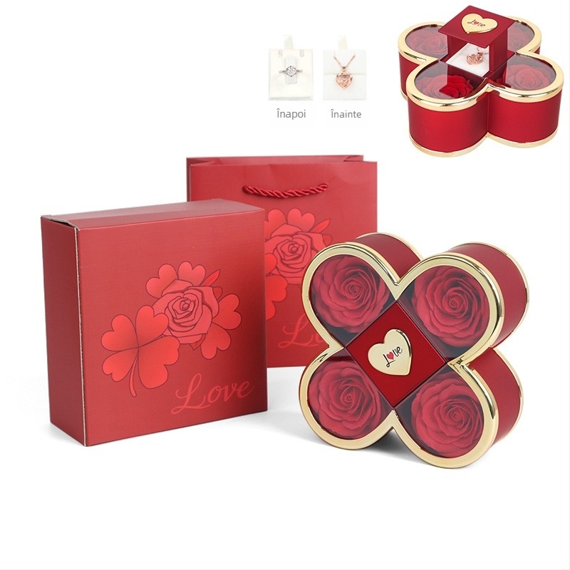 Cutie cadou pentru colier cu mecanism ascuns de ridicare în formă de trifoi cu patru foi și trandafir, din plastic, ambalaj din carton, include cutie cadou cu flori și sacoșă