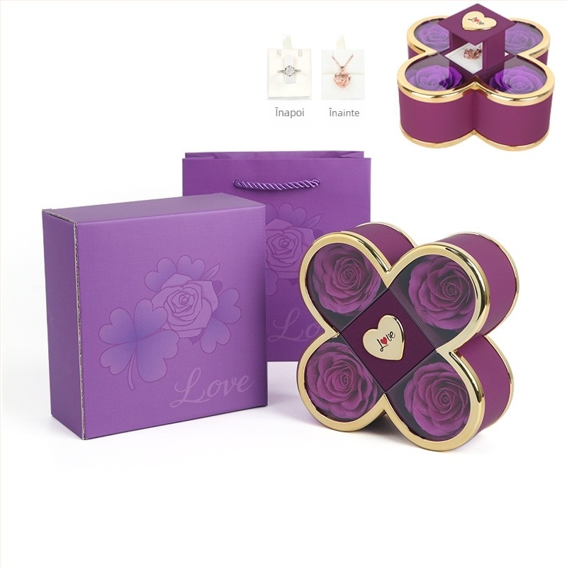 Cutie cadou pentru colier cu mecanism ascuns de ridicare în formă de trifoi cu patru foi și trandafir, din plastic, ambalaj din carton, include cutie cadou cu flori și sacoșă