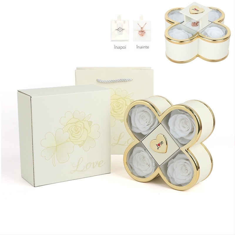 Cutie cadou pentru colier cu mecanism ascuns de ridicare în formă de trifoi cu patru foi și trandafir, din plastic, ambalaj din carton, include cutie cadou cu flori și sacoșă