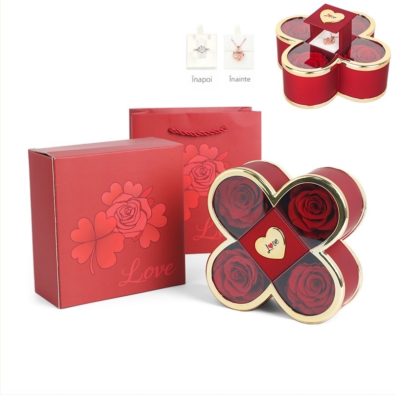 Cutie cadou pentru colier cu mecanism ascuns de ridicare în formă de trifoi cu patru foi și trandafir, din plastic, ambalaj din carton, include cutie cadou cu flori și sacoșă