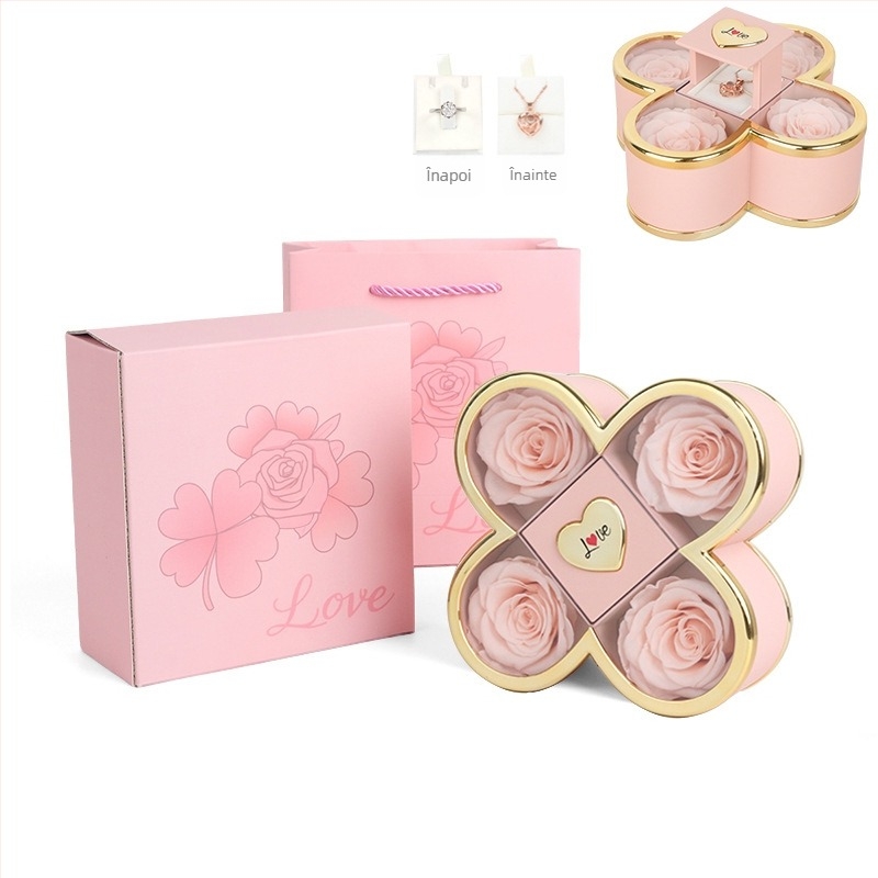 Cutie cadou pentru colier cu mecanism ascuns de ridicare în formă de trifoi cu patru foi și trandafir, din plastic, ambalaj din carton, include cutie cadou cu flori și sacoșă