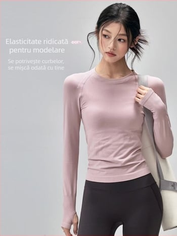Magpie top pentru alergare și yoga, cu mâneci lungi și guler rotund — 92% nylon / 8% spandex, lungime la șolduri