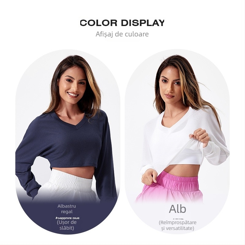 Top de yoga cu decolteu în V, respirabil, croială lejeră cu mâneci lungi, din 97% poliester și 3% spandex.