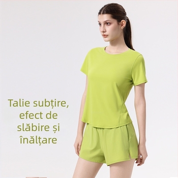Set sportiv pentru femei: tricou cu mâneci scurte și guler rotund, pantaloni scurți; material 88% nylon, 12% spandex; vară; potrivit pentru alergare, sală, badminton și tenis