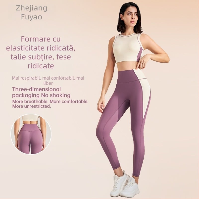 Set fitness outdoor: Top fără mâneci cu uscare rapidă și gât rotund, inner tank; pantaloni cu lungime nine-point, material Lycra/Nylon (75% Nylon), pentru femei