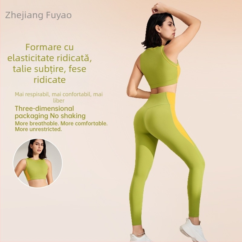 Set fitness outdoor: Top fără mâneci cu uscare rapidă și gât rotund, inner tank; pantaloni cu lungime nine-point, material Lycra/Nylon (75% Nylon), pentru femei