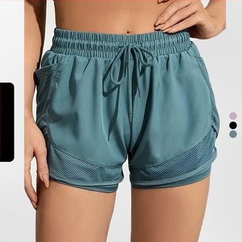 Șorturi de yoga pentru femei, lungime 3 puncte, aspect de două părți false, poliester 95% / spandex 5%, Sea rhyme, vară 2024