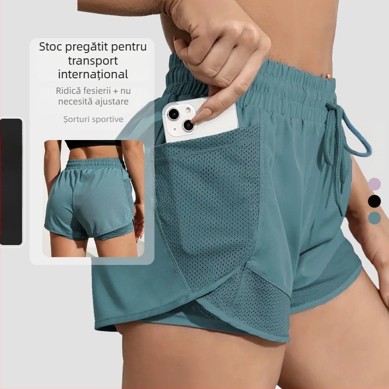 Șorturi de yoga pentru femei, lungime 3 puncte, aspect de două părți false, poliester 95% / spandex 5%, Sea rhyme, vară 2024