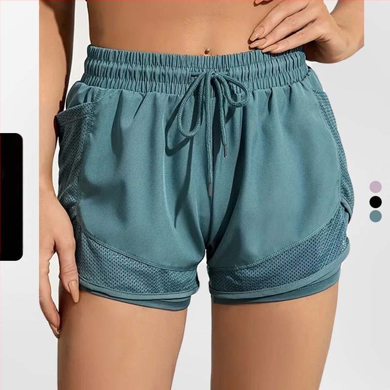 Șorturi de yoga pentru femei, lungime 3 puncte, aspect de două părți false, poliester 95% / spandex 5%, Sea rhyme, vară 2024