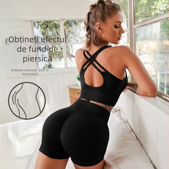 Set sport pentru femei fără mâneci, din două părți: top bustier pull-over, pantaloni trei sferturi, material nylon-spandeks, pernuțe pentru sân incluse
