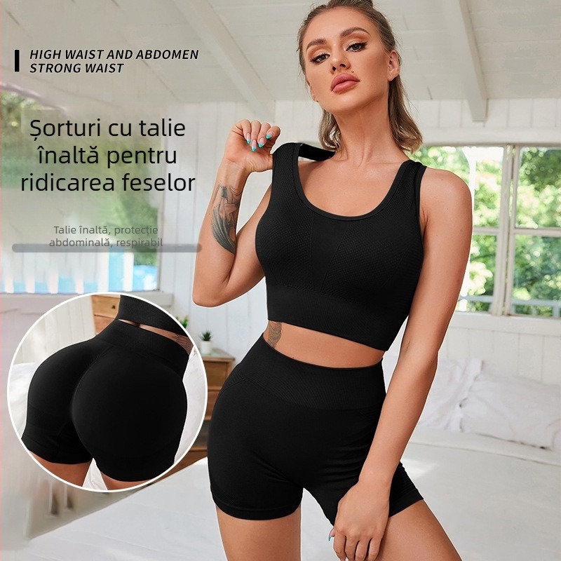 Set sport pentru femei fără mâneci, din două părți: top bustier pull-over, pantaloni trei sferturi, material nylon-spandeks, pernuțe pentru sân incluse