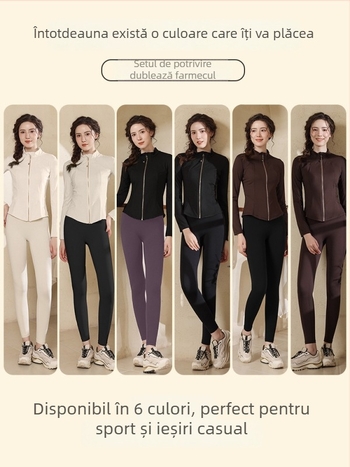 Set sportiv feminin pentru yoga și ciclism, guler înalt, croială slim, top cu fermoar pentru ciclism, țesătură cu uscare rapidă