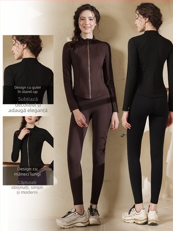 Set sportiv feminin pentru yoga și ciclism, guler înalt, croială slim, top cu fermoar pentru ciclism, țesătură cu uscare rapidă