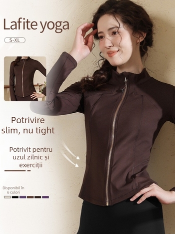 Set sportiv feminin pentru yoga și ciclism, guler înalt, croială slim, top cu fermoar pentru ciclism, țesătură cu uscare rapidă