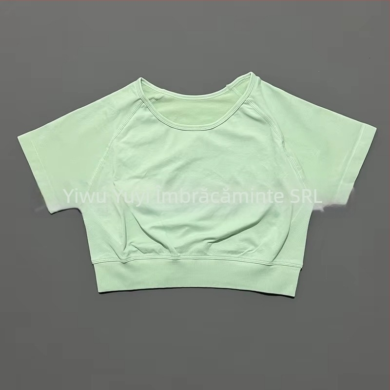 Top sportiv pentru femei, fără cusături, cu mâneci scurte, pentru yoga, absorbție a umidității, nylon-spandex (90/10), croială Slim, Yuji Yj-dx01, Vara 2025