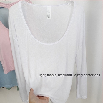 Top de yoga pentru femei, respirabil, cu mâneci lungi, croială lejeră, decolteu în formă de U, ușor transparent, material exterior din nailon, căptușeală 80% poliester / 20% viscoză.