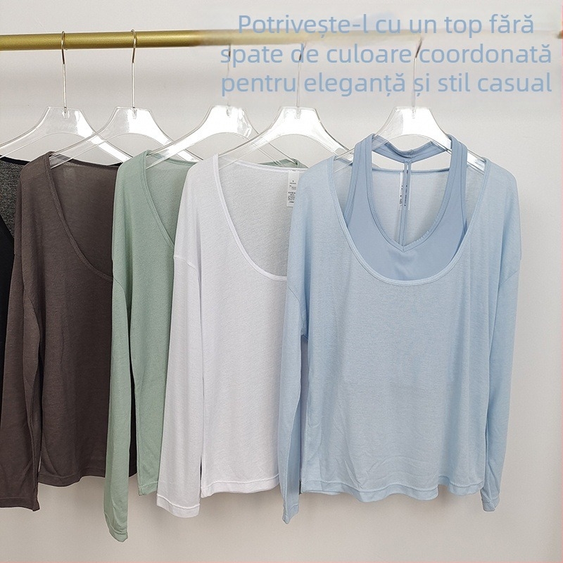 Top de yoga pentru femei, respirabil, cu mâneci lungi, croială lejeră, decolteu în formă de U, ușor transparent, material exterior din nailon, căptușeală 80% poliester / 20% viscoză.