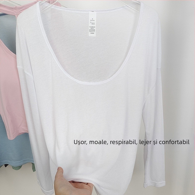 Top de yoga pentru femei, respirabil, cu mâneci lungi, croială lejeră, decolteu în formă de U, ușor transparent, material exterior din nailon, căptușeală 80% poliester / 20% viscoză.