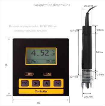 Măsurător pH industrial cu afișaj LCD iluminat; interval 0–14 pH; precizie 0.1 pH; compensare de temperatură 0–100 °C; alimentare 220 VAC sau 24 VDC