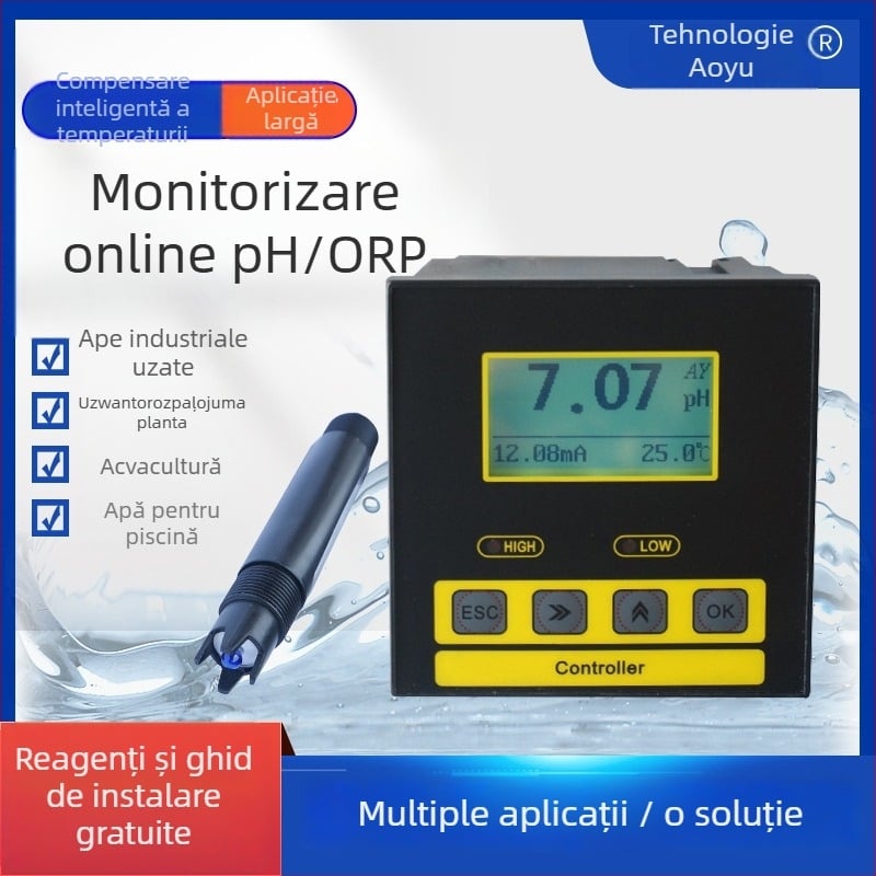 Măsurător pH industrial cu afișaj LCD iluminat; interval 0–14 pH; precizie 0.1 pH; compensare de temperatură 0–100 °C; alimentare 220 VAC sau 24 VDC