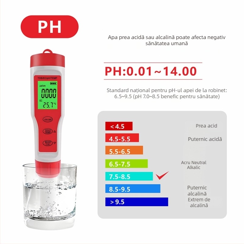Analizator portabil de calitate a apei, 4 în 1 pentru pH, model Ez-9909a, interval pH 0.01–14.00, precizie 0.01, rezoluție 0.02