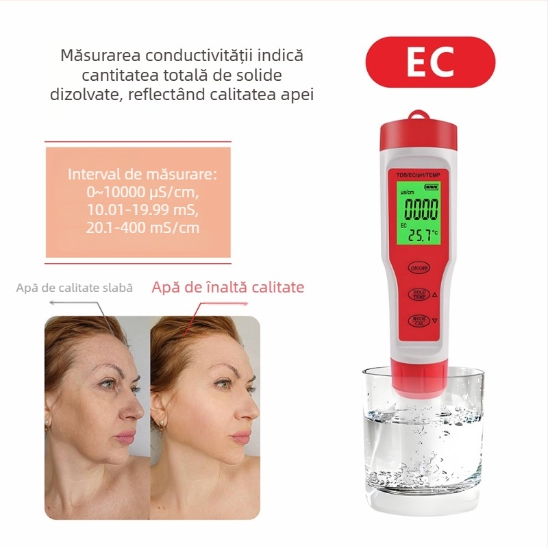 Analizator portabil de calitate a apei, 4 în 1 pentru pH, model Ez-9909a, interval pH 0.01–14.00, precizie 0.01, rezoluție 0.02