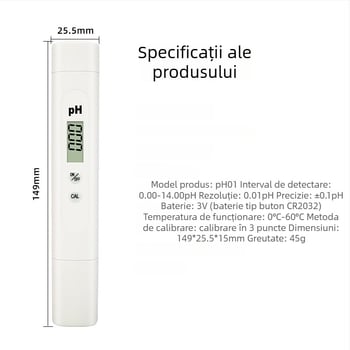 PH-01 pH-metru portabil, afișaj digital, interval 0-14 pH, precizie 0,01 pH