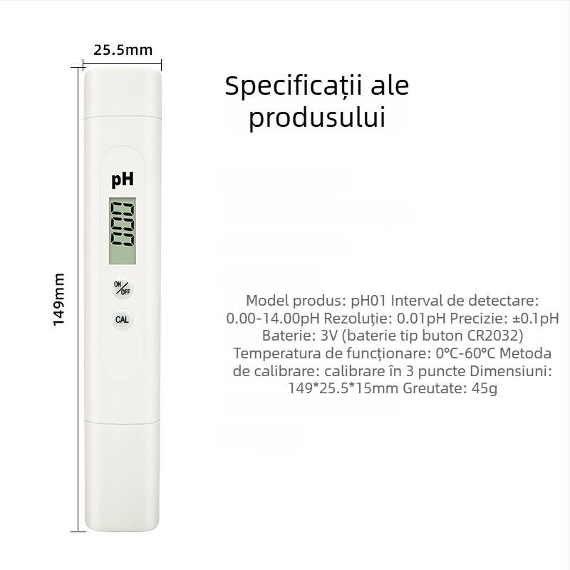 PH-01 pH-metru portabil, afișaj digital, interval 0-14 pH, precizie 0,01 pH