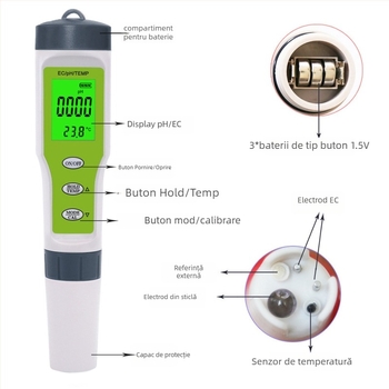 pH meter portabil cu sondă de sticlă, model TPH01137, interval de măsură 0.01-14.00 pH, alimentare 1.5V, marcă Craftsman hall