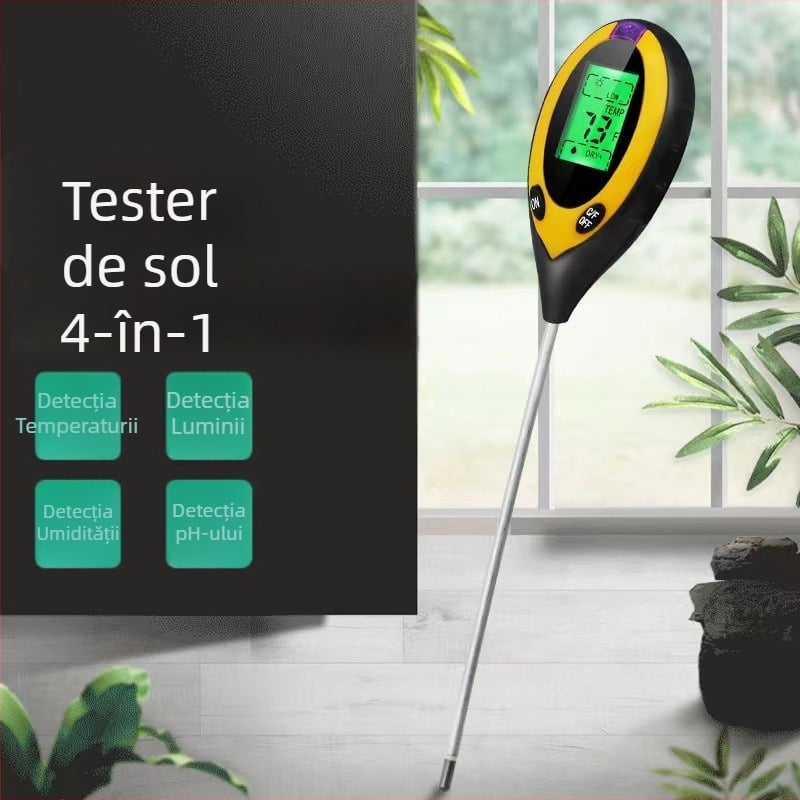 Tester de sol 4 în 1: pH, iluminare, temperatură și umiditate