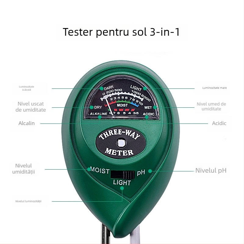 TR03 detector de sol trei în unu – pH metru și tester de nutrienți pentru grădină, precizie 0,1, greutate 90 g