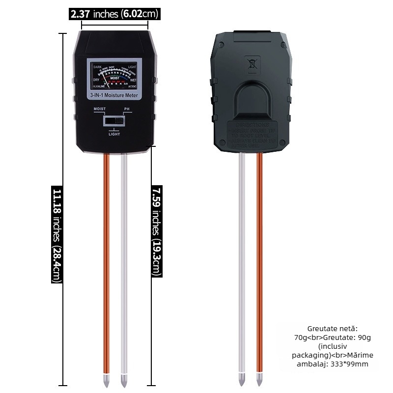 Tester sol 3 în 1 cu ecran mare: pH, umiditate și iluminare (tip indicator, precizie 0,1)