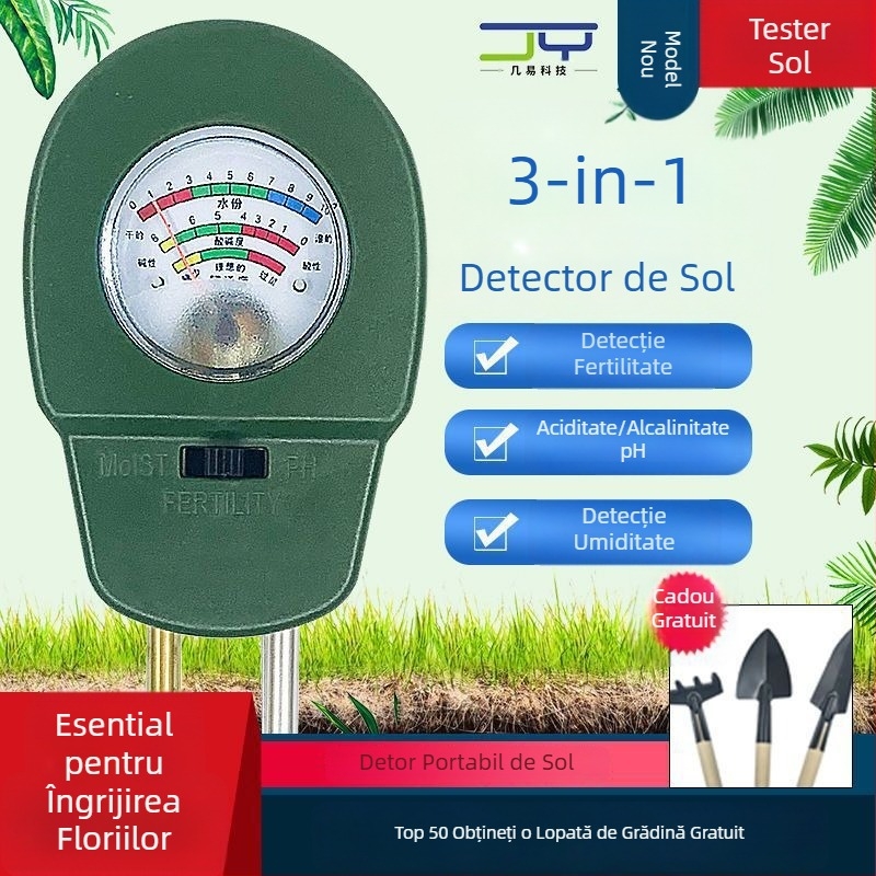 Detector de fertilitate a solului cu valoare pH, nutrienți și umiditate, pentru flori și plante în ghivece