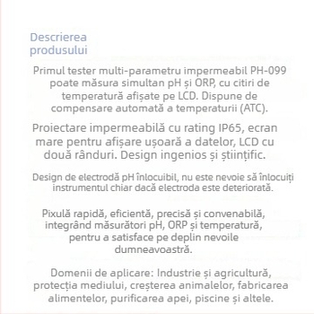 Tester pH/ORP și temperatură, 3-în-1, stil pix Ph-099 cu afișaj LCD, electrod compozit, interval pH 0.00–14.00, ORP -1999 până la 1999 mV, interval de temperatură 0–50°C