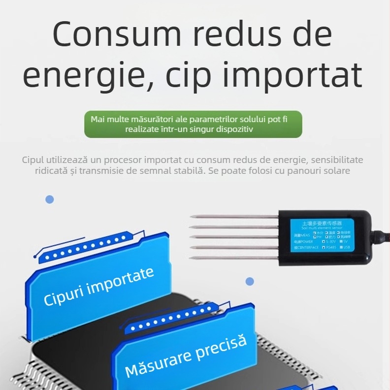Senzor de sol cu parametri multipli: temperatură, umiditate, pH, EC (conductivitate electrică), NPK (model BSK-TR, marca Bingsheng Sensor, destinat experimente agricole)