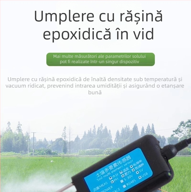 Senzor de sol cu parametri multipli: temperatură, umiditate, pH, EC (conductivitate electrică), NPK (model BSK-TR, marca Bingsheng Sensor, destinat experimente agricole)