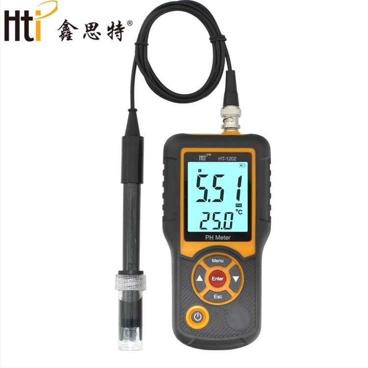 Metru pH portabil HT-1202, afișaj LCD, interval de măsurare 0-14 pH, compensare de temperatură 0-60 °C