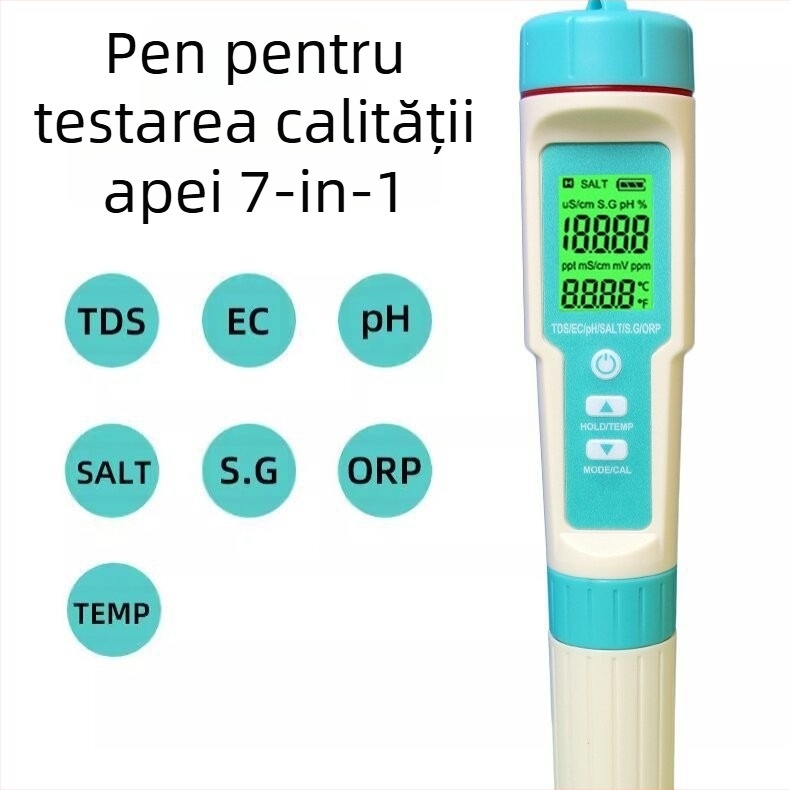 Analizator portabil de calitate a apei – șapte într-unul, cu ORP, pH (0-14), TDS (0-9999 ppm), salinitate; interval pH 0-14, interval TDS 0-9999 ppm, precizie 0.01, alimentare 3x1.5V