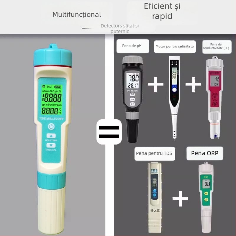 Analizator portabil de calitate a apei – șapte într-unul, cu ORP, pH (0-14), TDS (0-9999 ppm), salinitate; interval pH 0-14, interval TDS 0-9999 ppm, precizie 0.01, alimentare 3x1.5V